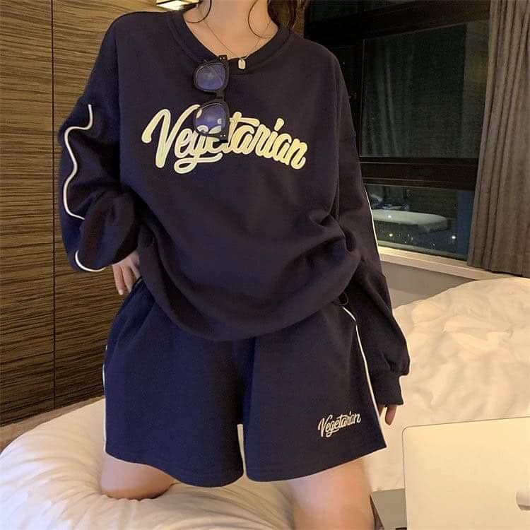 Bộ Dài Tay Kẻ 1 Sọc Vege PEONYB Unisex [FREESHIP]  Set đồ quần short đùi kèm thun sweater in hình vintage hàn quốc