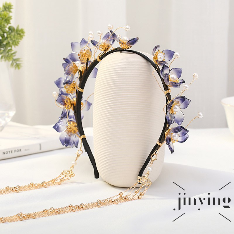 GETNOIVAS Cài tóc phối tua rua xỏ ngọc trai và hoa xanh dương phong cách Trung Hoa handmade