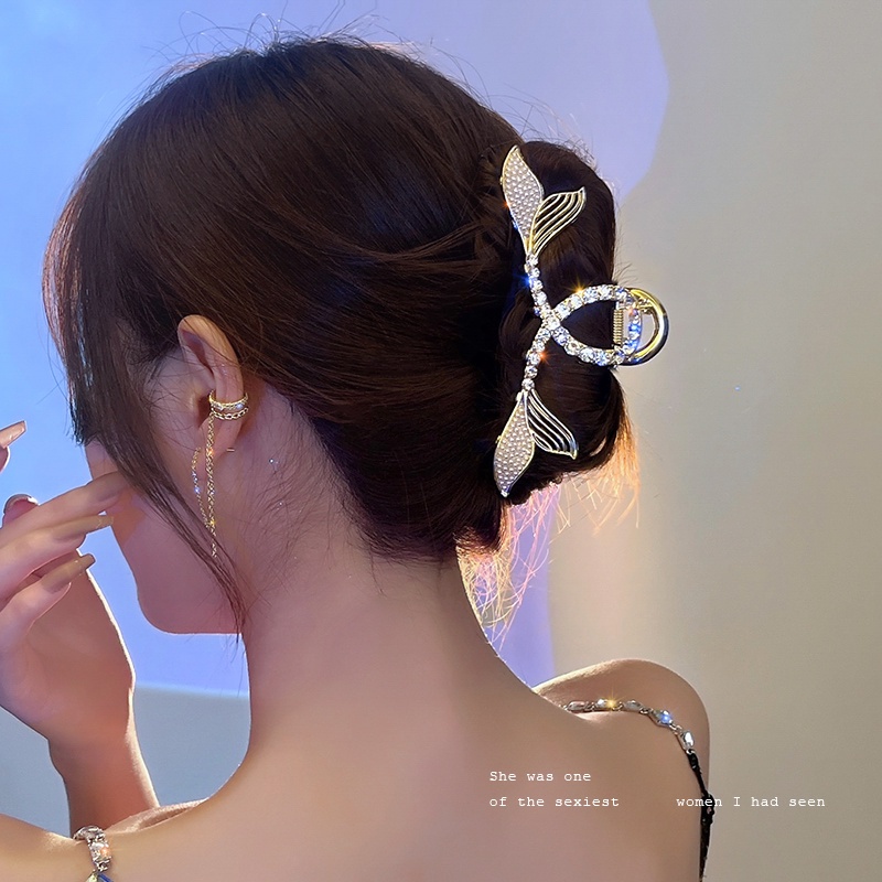 Kẹp tóc Hàn Quốc Ngọc trai Rhinestone Vàng Kim loại Đuôi cá Kẹp Phụ nữ Kẹp Claw Phụ kiện tóc
