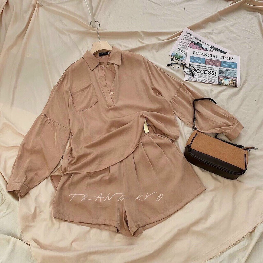 [Mã FAMAYWA2 giảm 10K đơn 50K] Set đồ nữ gồm áo sơ mi fom dài phối túi và quần short có chun co giãn xinh xắn | BigBuy360 - bigbuy360.vn