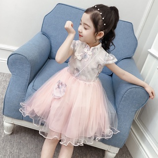 Bé Gái Hanfu Đầm Mùa Hè Phong Cách Mới Trẻ Em Phong Cách Phương Tây Phong Cách Trung Hoa Đầm Công Chúa Vừa Lớn Trẻ Em Bé Gái Hoa Sườn Xám Đầm