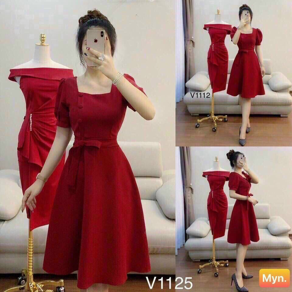 [Mẩu Mới] Đầm Cổ Vuông Nơ Eo Đính Nút