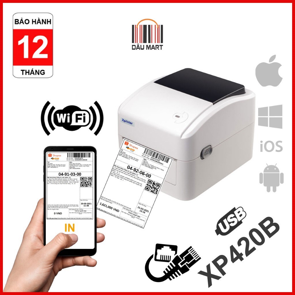 Máy in dPos XP420B in đơn hàng TMĐT tem nhãn vận chuyển bằng điện thoại iphone Adroid và máy tính PC qua LAN WIFI