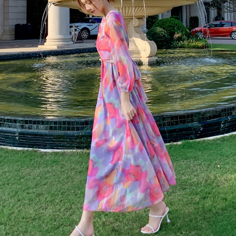 IELGYĐầm Voan Chữ A Tay Dài Nhấn Eo Cổ Chữ V In Họa Tiết Thời Trang Kiểu Pháp Cho Nữ