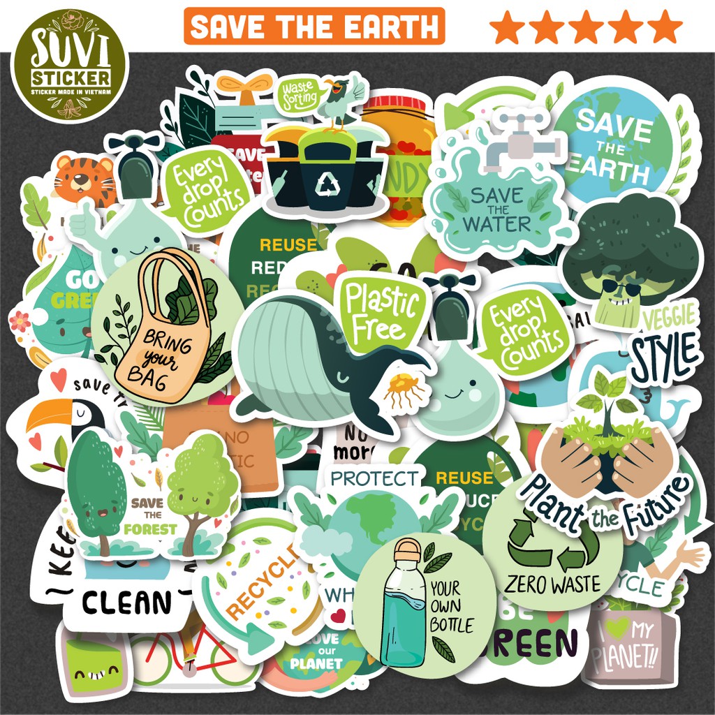 Sticker dán laptop Save the Earth Set chống nước sticker dán nón bảo hiểm, xe, laptop, điện thoại, vali. MSP: T04