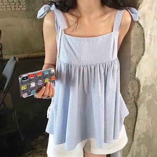 Bộ quần áo nữ set style Hàn Quốc Set áo babydoll hai dây thắt nơ kẻ xanh và quần short trắng cực xinh B405 coco l