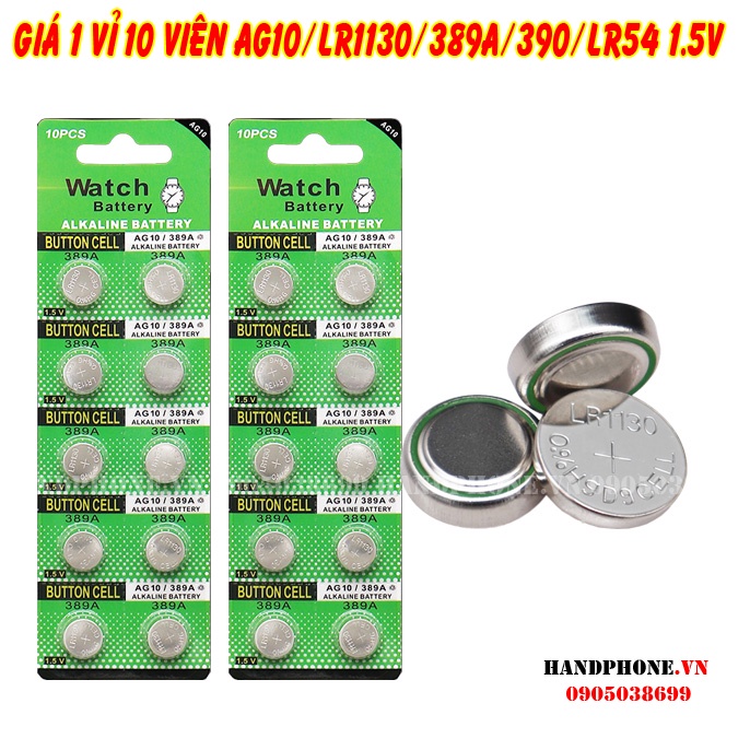 1 vỉ 10 viên pin cúc áo 1.5V AG10 / LR1130 / 389A / 390 / LR54 / SR1130 / 189  Alkaline Battery