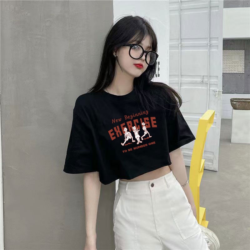 AMOI Áo Thun Cotton Tay Ngắn Lưng Cao Dáng Rộng Phong Cách Hàn Quốc Dành Cho Nữ