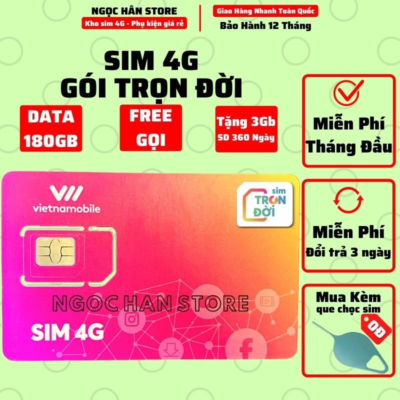 Sim 4G Vietnamobile Data 180Gb (6Gb/Ngày - Thánh Úp & Trọn Đời) - Gọi Miễn Phí - Sim Không Giới Hạn Data - Giá Siêu Rẻ