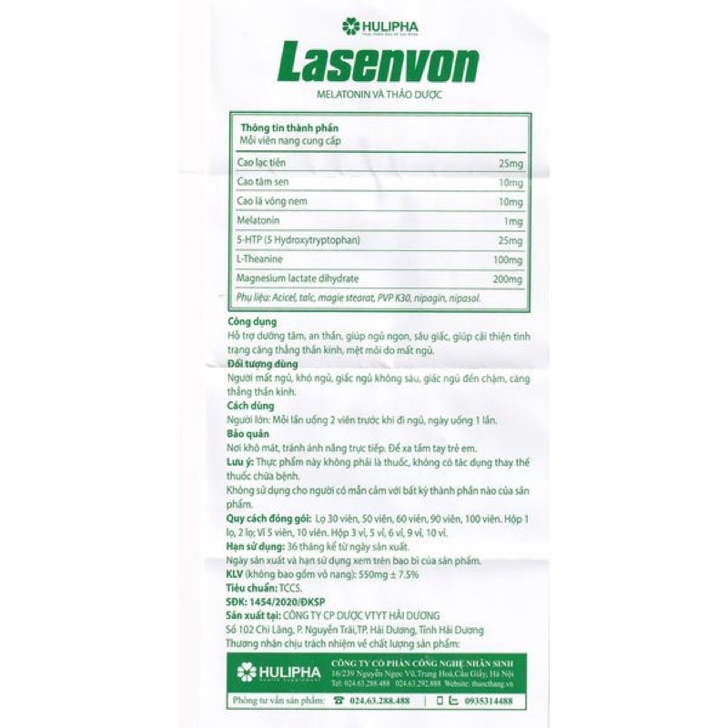 Viên uống cải thiện giấc ngủ Lasenvon - Hộp 60 viên