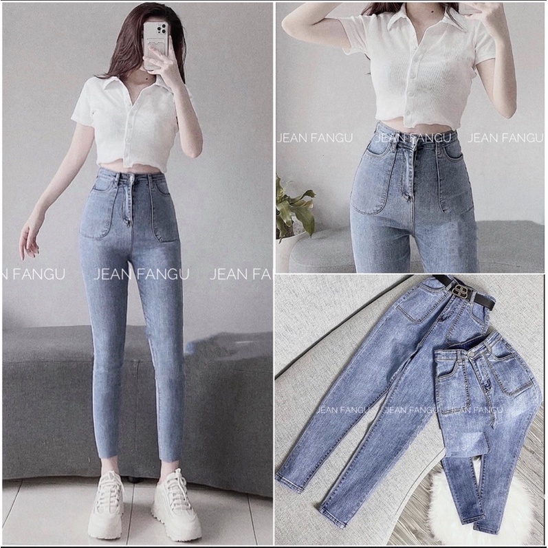 Quần jean skinny túi trước vuông phong cách Hàn Quốc , quần bò ôm giãn cạp cao hách dáng chất đẹp by Jean Fangu Cao Cấp