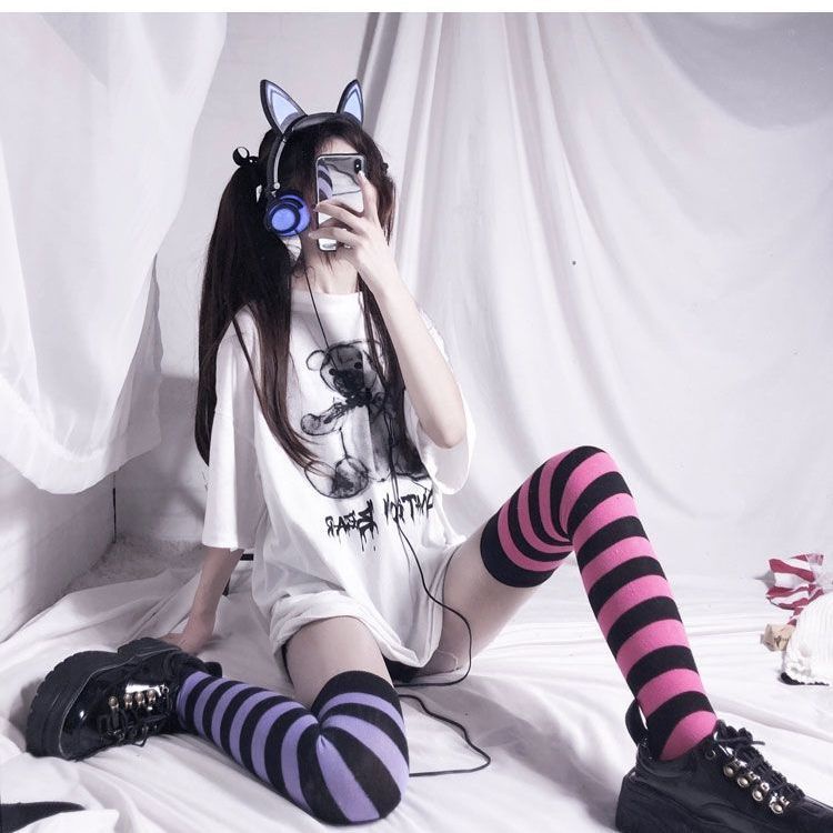 JSC Jiashucheng Vớ Dài Qua Gối Kẻ Sọc Rộng Phong Cách Preppy Nhật Bản Cho Nữ Sinh