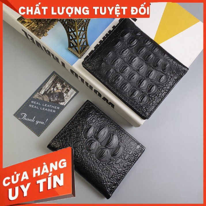 Ví nam nữ da bò vân cá sấu,Ví da nam đứng gập đôi da thật MN118 (Đen) - 100% da bò thật, BH 3 năm.
