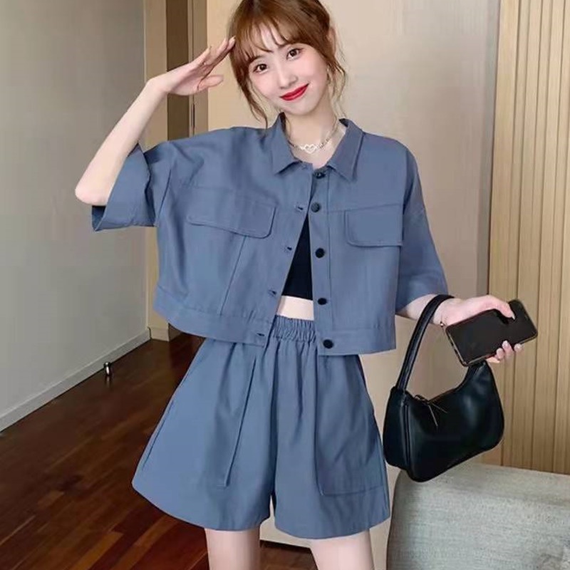 Phiên Bản Hàn Quốc Bộ Đồ Giản Dị 164505 Set Áo Sơ Mi Trơn Tay Ngắn + Quần Short Lưng Cao Dáng Rộng Trẻ Trung Năng Động