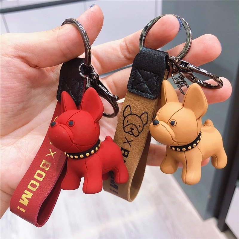 Cute Cartoon Puppy Keychains/ PU Leather Wristband Key Chain Bag Pendant/ Bulldog Soft Rubber Keyrings/ Bag Pendant Charm New Year Xmas Gifts