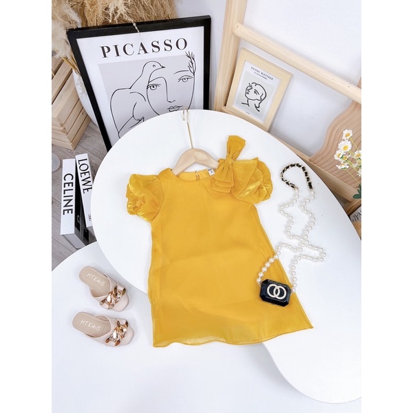 Váy tơ 2 lớp nơ vai + turban cho bé gái