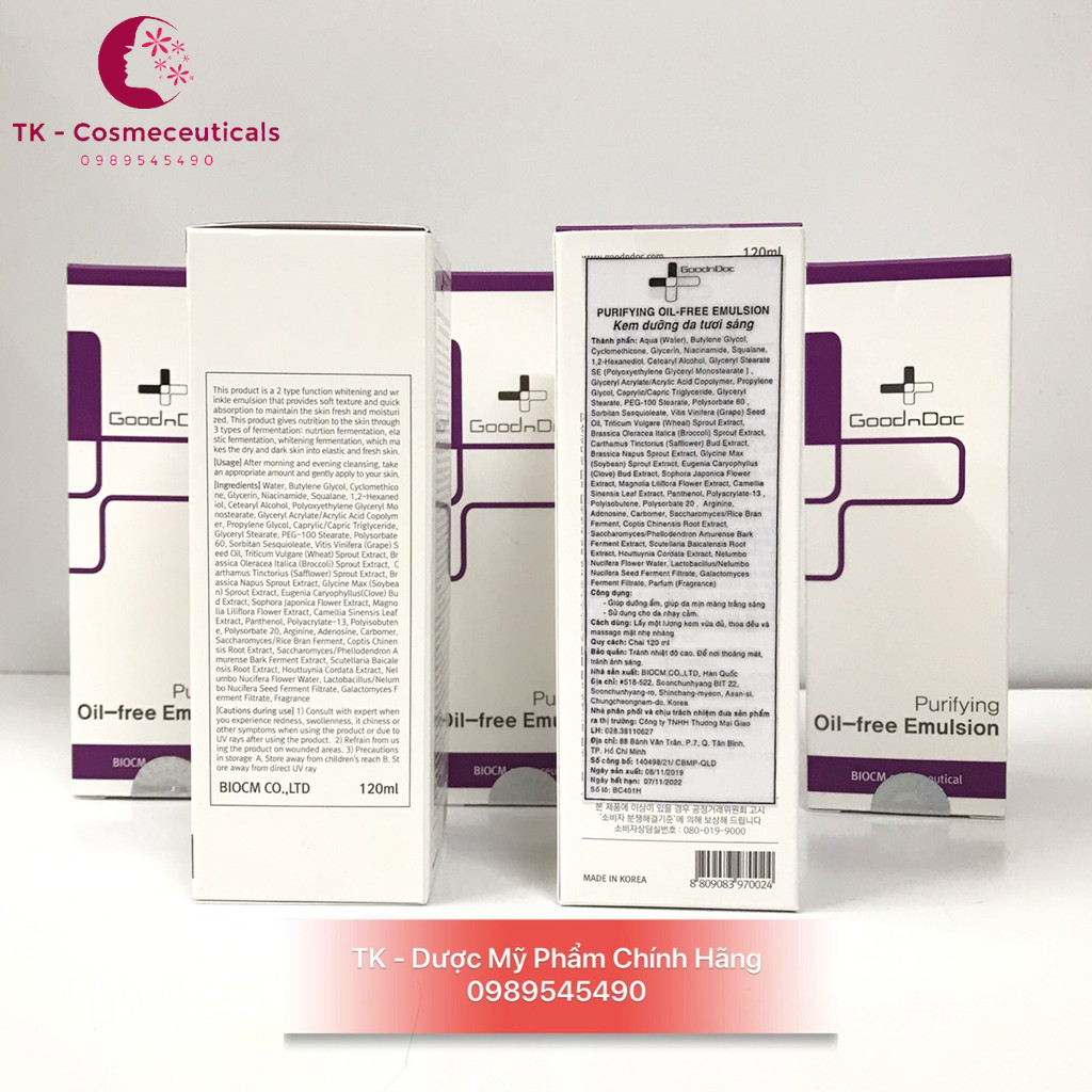 GoodnDoc Purifying Oil Free Emulsion, Tinh Chất Dưỡng Trắng Làm Sáng Da Giảm Vết Nhăn, Mờ Thâm Nám, Dưỡng Ẩm - 120ml