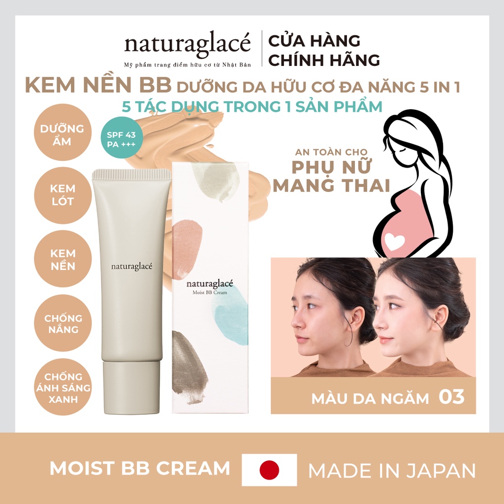 Kem nền hữu cơ naturaglacé Moist BB cream (03 - Màu da ngăm), chống nắng SPF43 PA+++, 27g