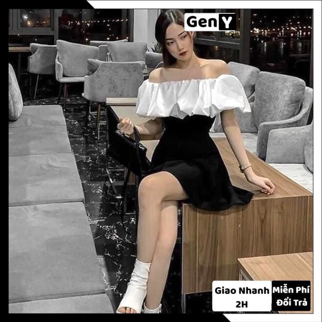 Váy Nữ Trễ Vai Bèo Trắng GenY Đầm Nữ Bẹt Vai Đen Phối Trắng Dáng Xoè Siêu Xinh Có Ảnh Thật Kèm Video