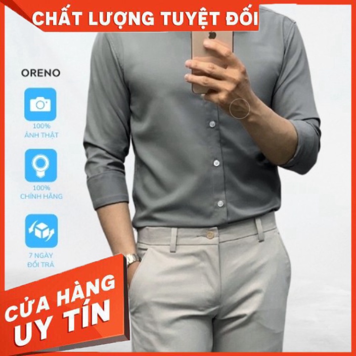 Áo sơ mi nam Oreno dài tay form ôm trơn vải lụa mềm mát Áo sơ mi unisex phong cách giới trẻ - Hàng nhập khẩu