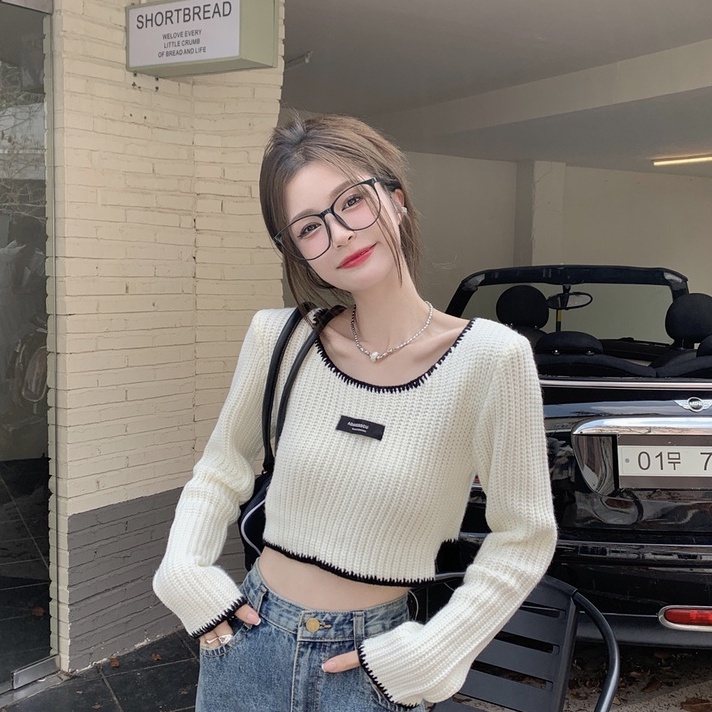 ZHELIHANGFEI Áo Dệt Kim Tay Dài Cổ Vuông Lưng Cao Quyến Rũ Thời Trang Cho Nữ