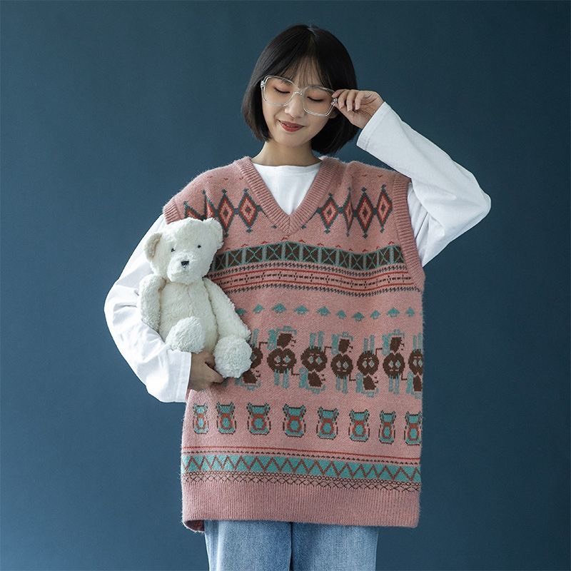 Áo gile len nữ Form thụng Freesize họa tiết màu hồng ruốc chất liệu mềm mịn phong cách thời trang Hàn Quốc M94HD | WebRaoVat - webraovat.net.vn