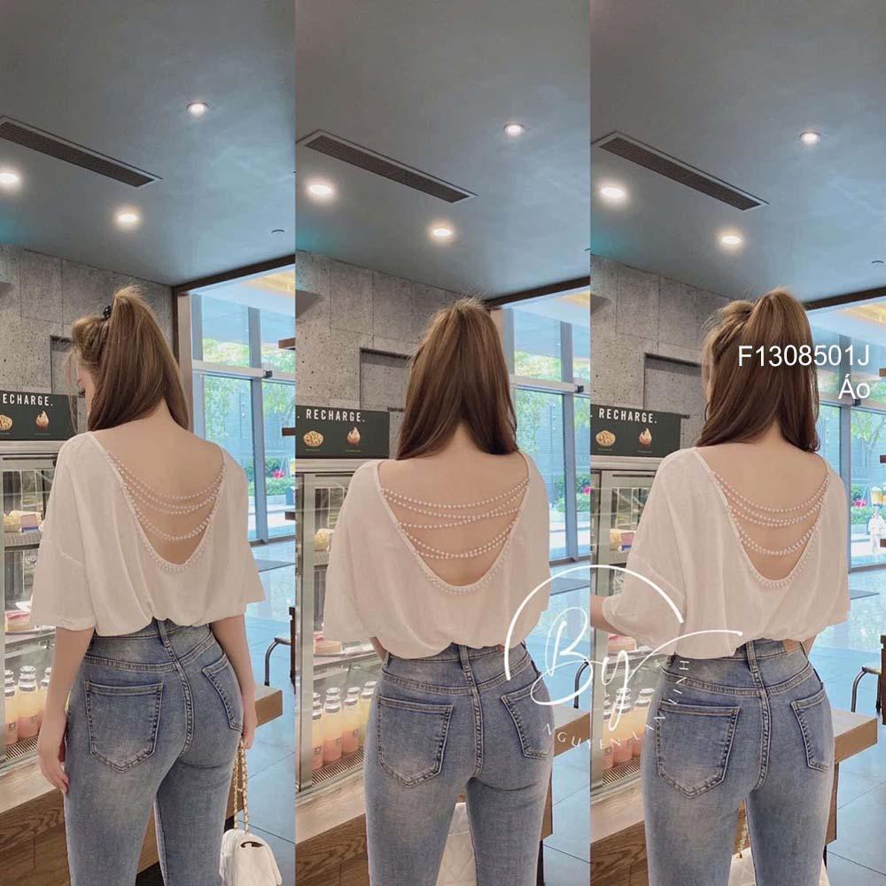 Áo thun hở lưng phối dây chuỗi ngọc form rộng tay ngắn!