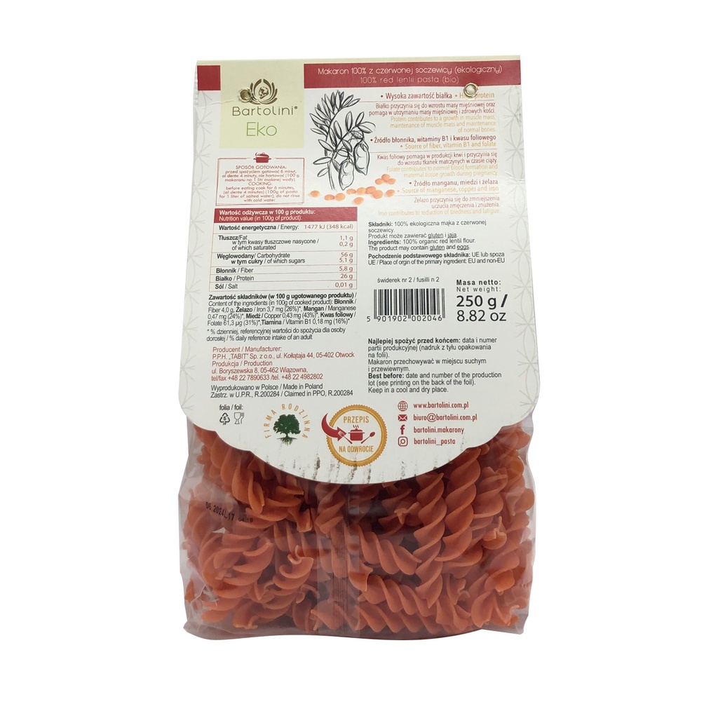 Mì nui xoắn hữu cơ đậu lăng đỏ cam Bartolini 250g