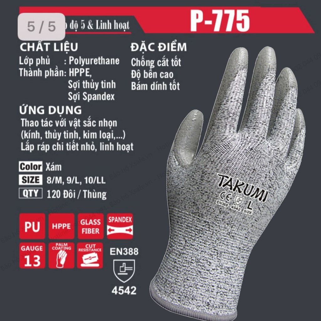 Găng tay chống cắt Takumi P-775 cấp độ 5 độ khéo léo cao - lòng bàn tay phủ PU chống dầu, tăng độ bám Găng tay bảo hộ
