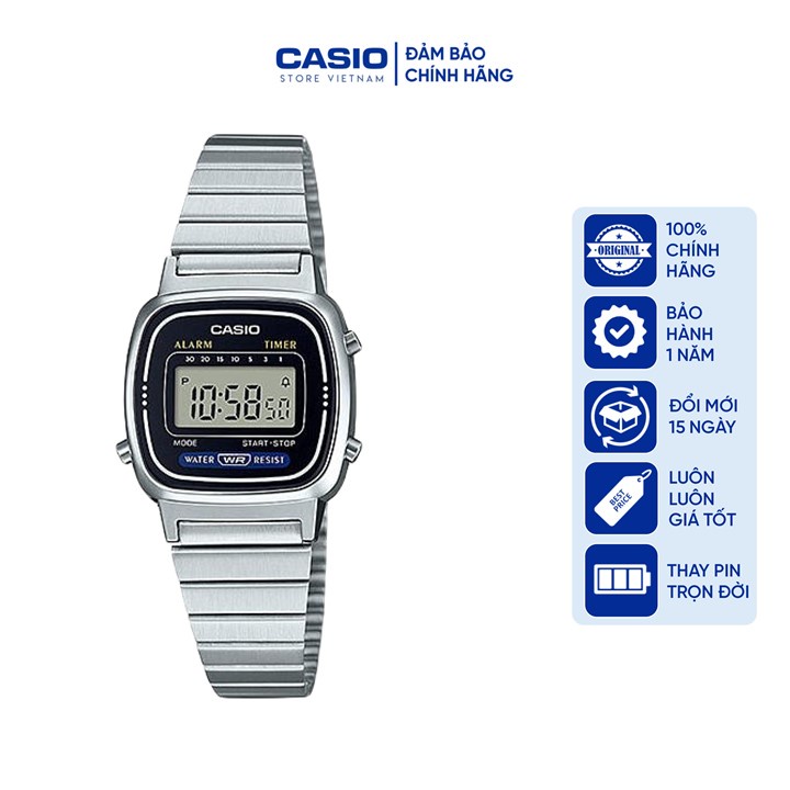 Đồng hồ Nữ Casio LA670WA-1D, đồng hồ chính hãng, bạc mặt đen