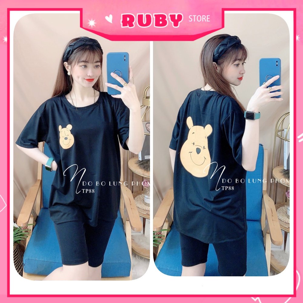 Đồ bộ thun lửng phom to cho nữ mặc nhà chất thun mềm mát in hình gấu hoạt hình dễ thương TP88