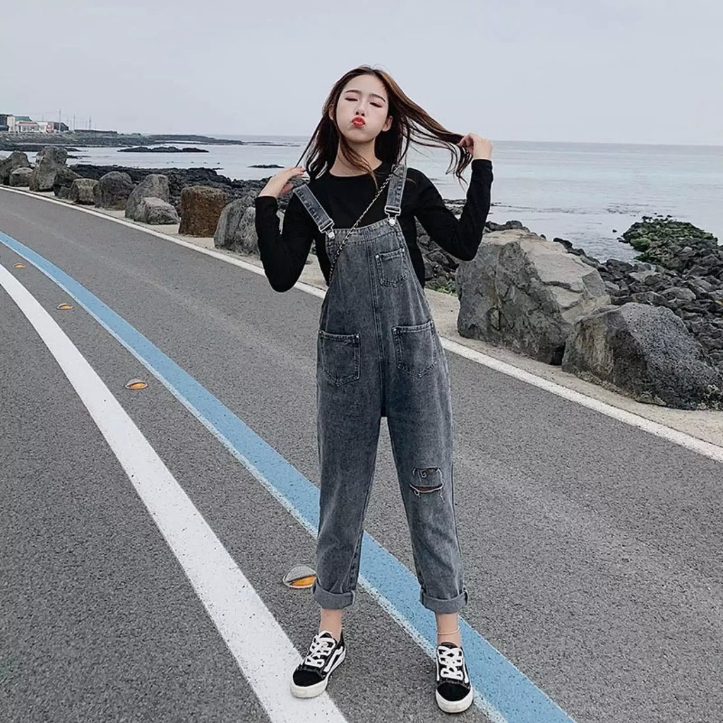 Yếm jean dài nữ xám rách- yếm bò ulzzang phong cách hàn quốc cao cấp TUẤN KIỆT Store 8888 y9
