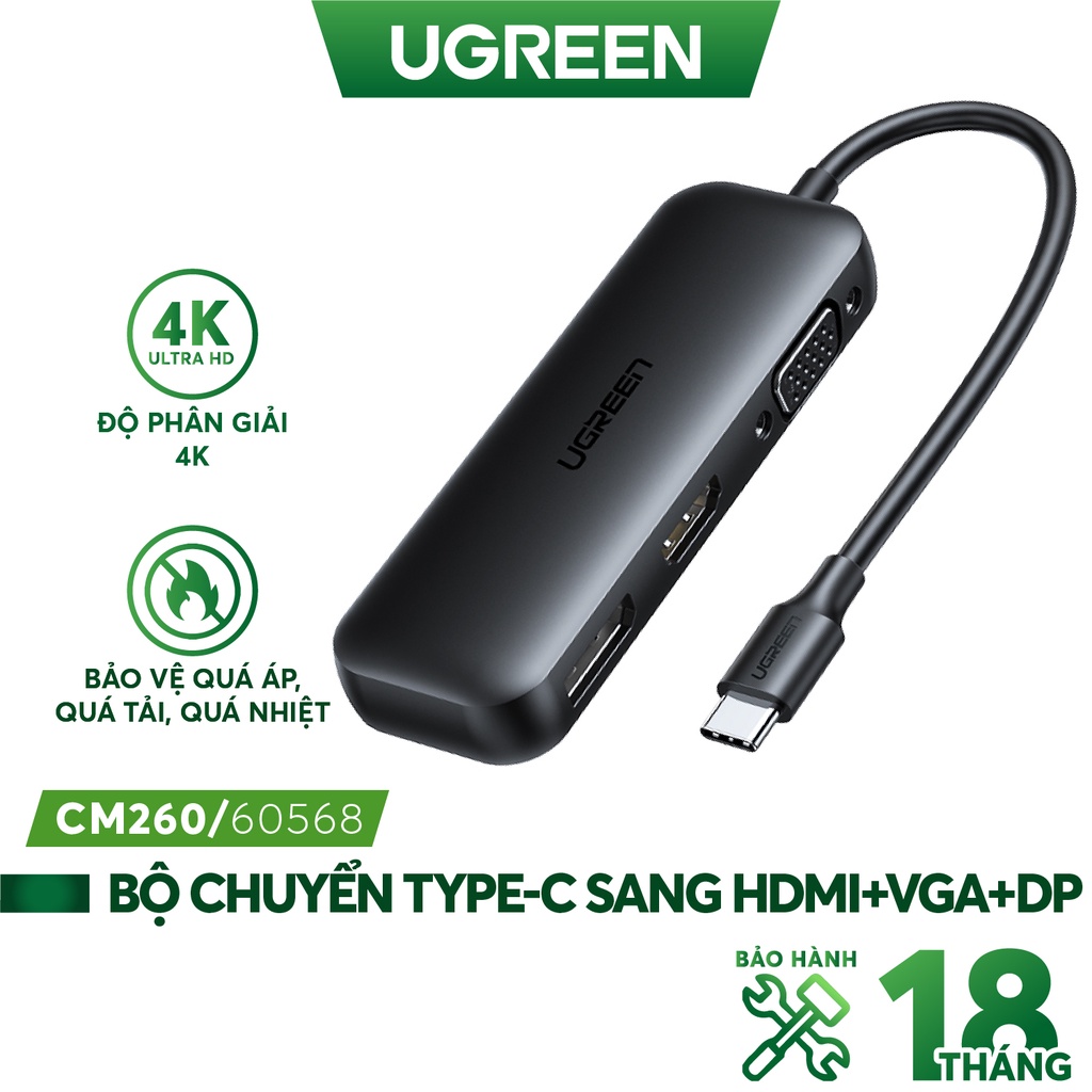 Bộ chuyển đổi đa năng UGREEN 60568 Chuyển đổi Type-C sang HDMI + VGA + DP - Vỏ hợp kim