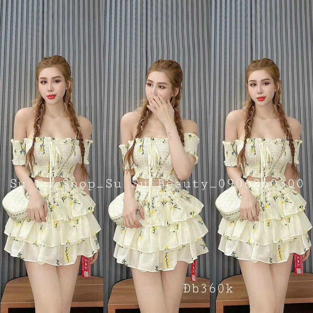 Set váy nữ áo nhún trễ vai hoa nhí chất đũi phối chân váy ngắn xòe tầng siêu dễ thương, mặc đi chơi, dự tiệc siêu sàđiệu
