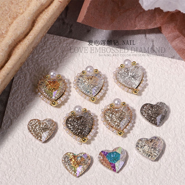 Charm đá khối AB đính móng tay size to 8.8 x 10mm , Charm nail hình trái tim cao cấp viên lớn trang trí móng