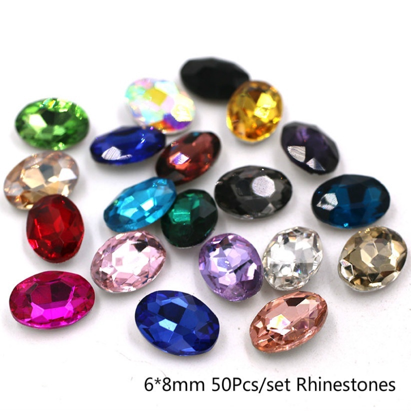 Set 50 Đá Pha Lê Hình Oval 6x8mm Đính Đá Trang Trí Quần Áo