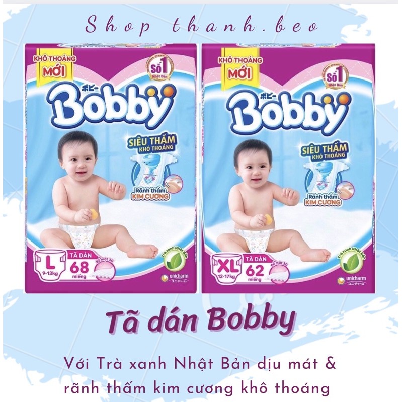 |MẪU MỚI TRÀ XANH| Tã dán Bobby M76/L68/XL62/XXL56