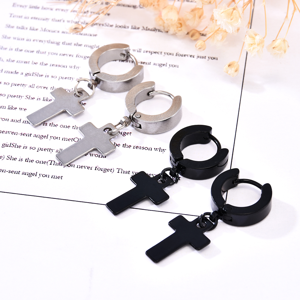 Cross Earrings Non-Piercing Stainless Steel Cross Clip on Men Women Dangle Hoop Jewelry