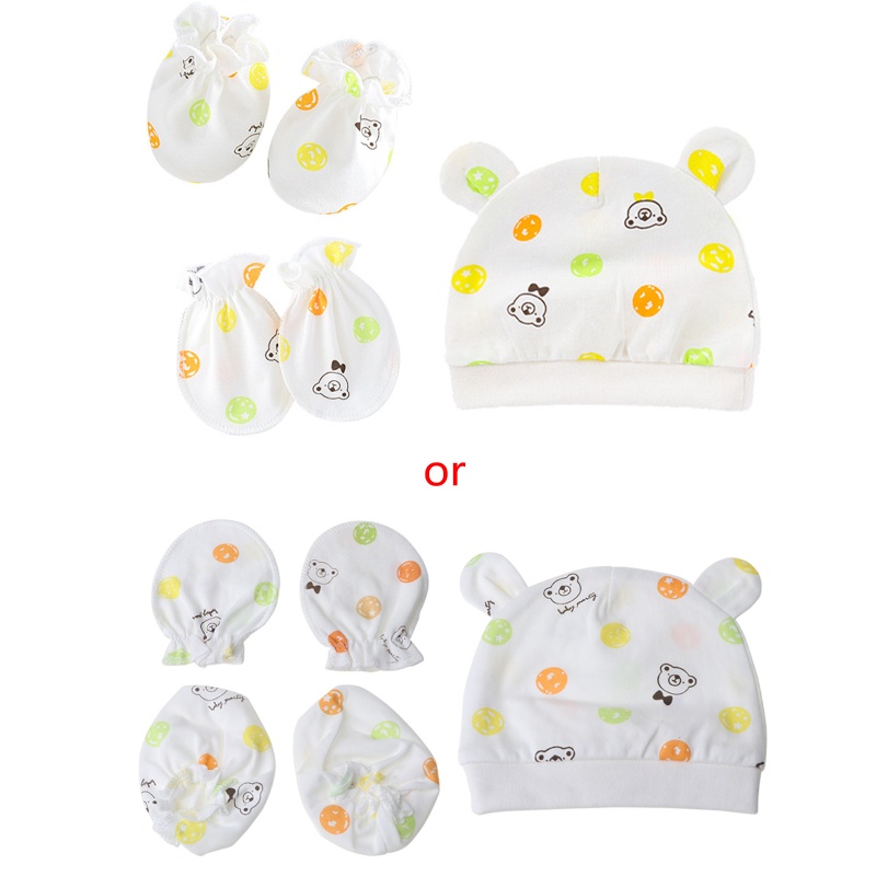 Bộ 3 Găng Tay + Mũ + Găng Tay Chống Cào Xước Xinh Xắn Cho Bé 0-3 Tháng Tuổi