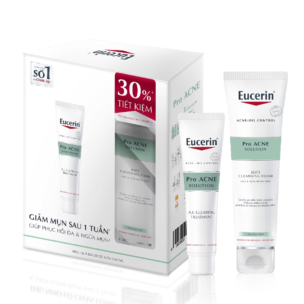 Combo Eucerin Da Mụn (Gel Giảm Mụn A.I Clearing Treatment 40ml + Sữa Rửa Mặt Tạo Bọt Pro Acne 150g)