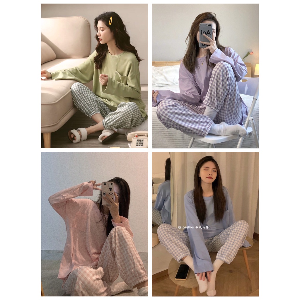 BỘ ĐỒ NGỦ MẶC NHÀ DÀI TAY COTTON TRƠN KÈM QUẦN CARO THU ĐÔNG HOT 2021