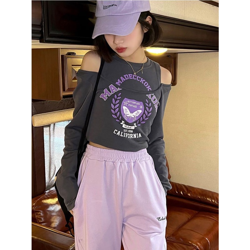 Áo Thun Tay Dài Hở Vai Giả Hai Lớp Phong Cách Mỹ Thời Trang Mùa Hè 2022 Dành Cho Bạn Nữ