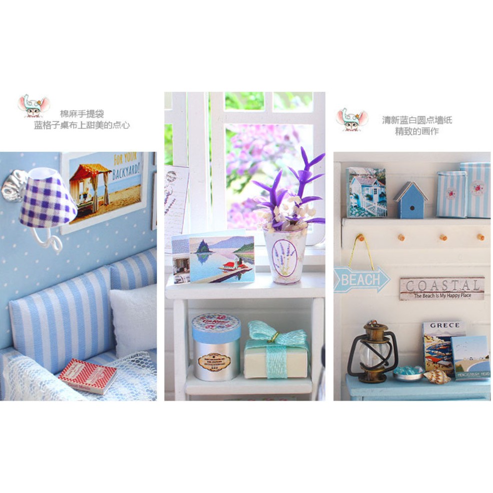 Mô hình phòng khách nhà búp bê DIY với đệm kẻ xanh sọc trắng - Sunshine Day PK1T-07