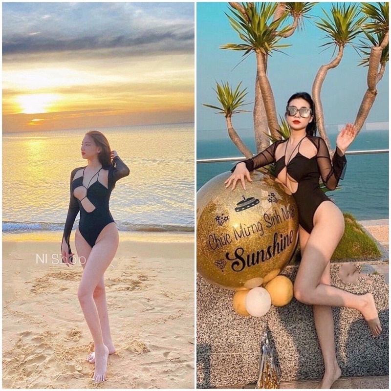 Bikini liền mảnh bodysuit xẻ ngực,đồ bơi nữ tay dài phối lưới sexy quyến rũ