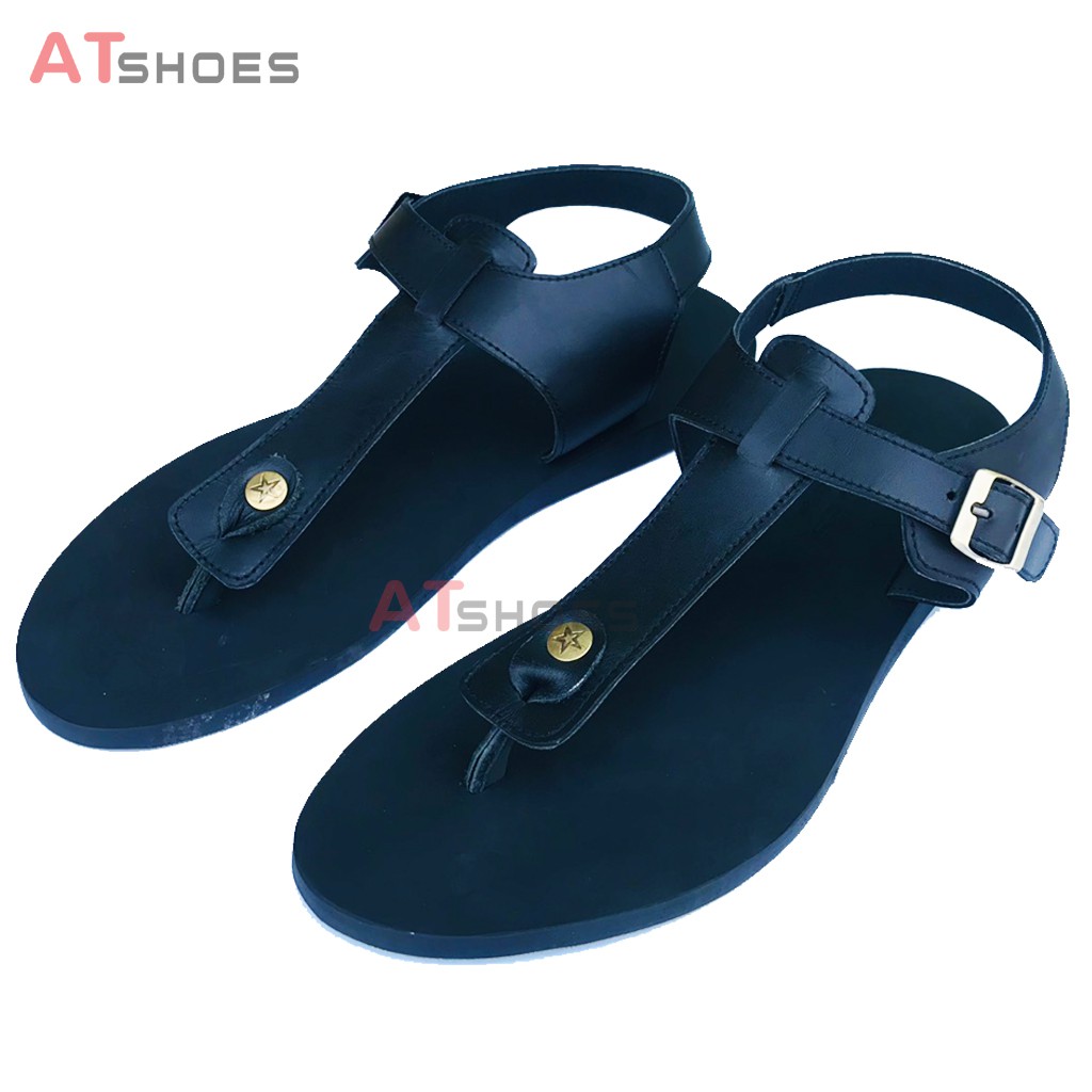 Dép Sandal Unisex cao cấp Da Bò Thật Sandal xỏ ngón nam nữ chuẩn kiểu Hàn Quốc Trẻ Trung Atshoes AT11 (Đen)