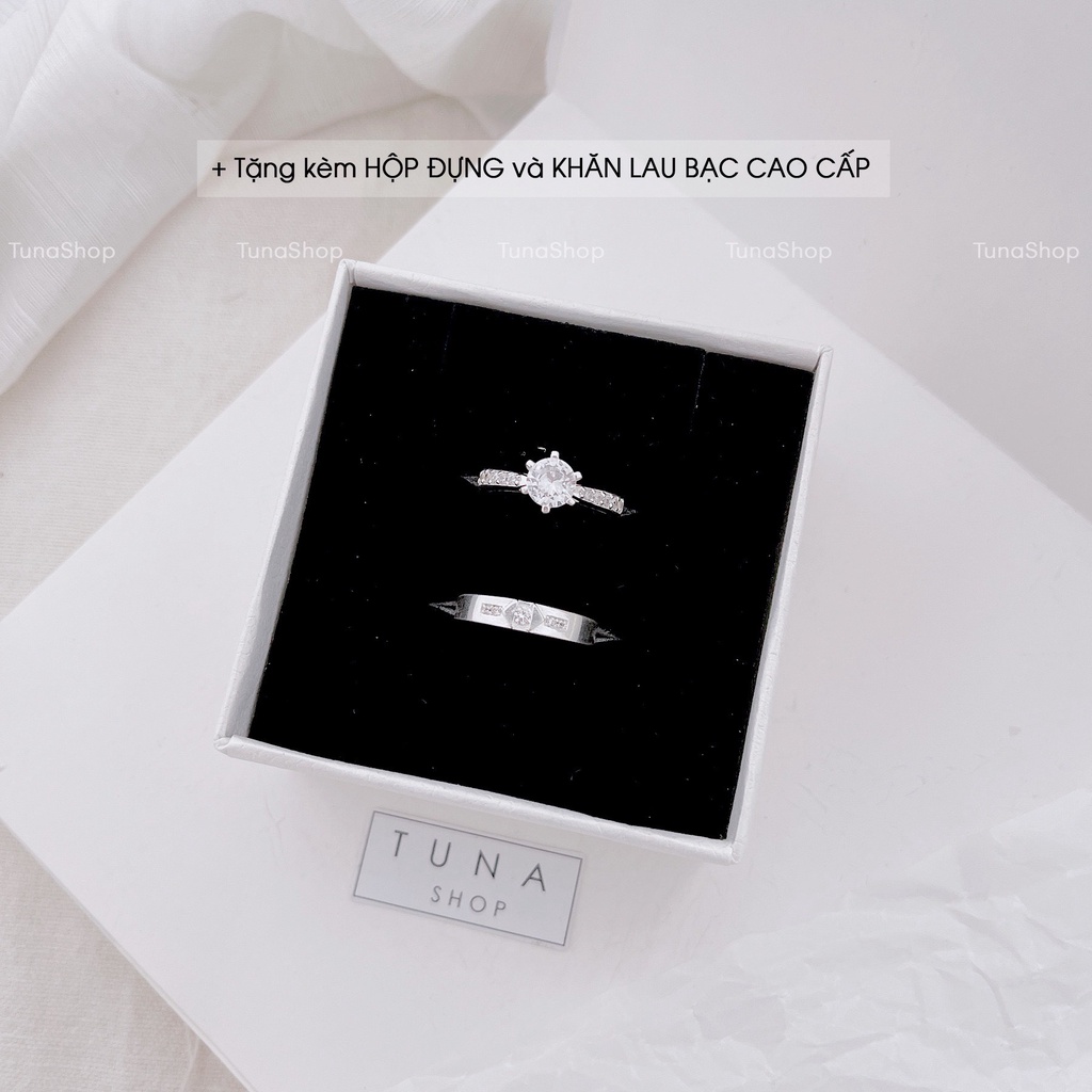 Nhẫn đôi bạc nam nữ gắn đá, nhẫn cặp bạc tình yêu nam nữ cao cấp TUNA SILVER Cam kết chuẩn bạc