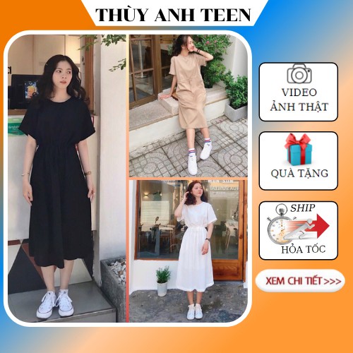 Váy Ulzzang dây rút eo, Đầm suông nữ trơn form thụng tay lỡ