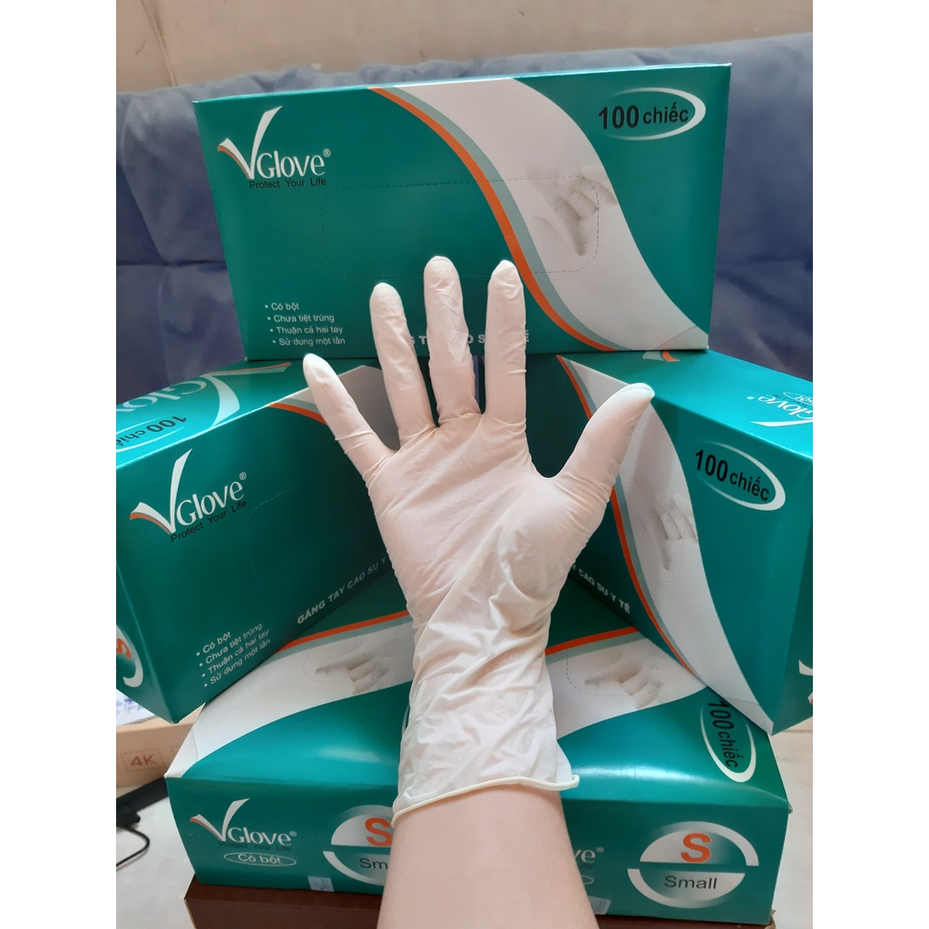 Hộp 50 đôiGăng tay cao su Y Tế Vglove có bột KHẢI HOÀN size XS S M L