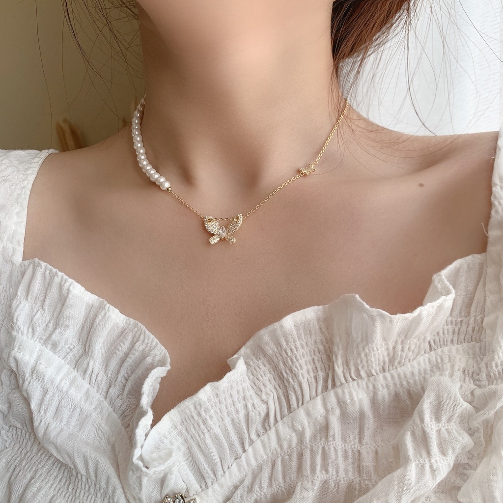 OIMG   vòng cổ Mặt Hình Bướm Đính Ngọc Trai Nhân Tạo Thời Trang