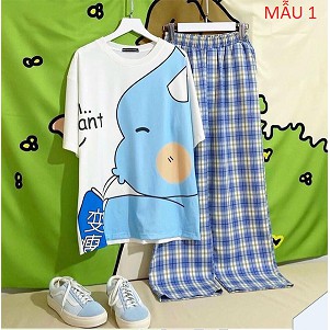 Sét Bộ Áo In Hình Cute Và Quần Kẻ Đẹp Mặc Mùa Hè, Mặc Ở Nhà, Áo Phông Cotton Mát Mịn Phong Cách Hàn Quốc